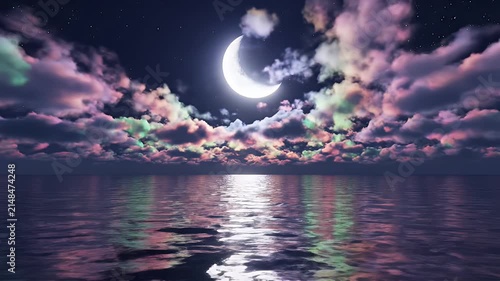 Moonlit Crescent Moon Over a Tranquil Ocean with Colorful Cloud Reflections