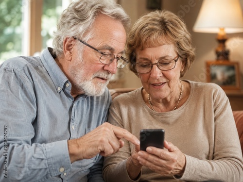 Senioren entdecken gemeinsam das Smartphone – Ein älteres Paar blickt konzentriert auf das Display und teilt Neugier, gegenseitige Hilfe und digitale Teilhabe im Alltag.