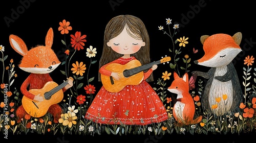 Whimsical woodland concert scene with a girl playing guitar among foxes and flowers