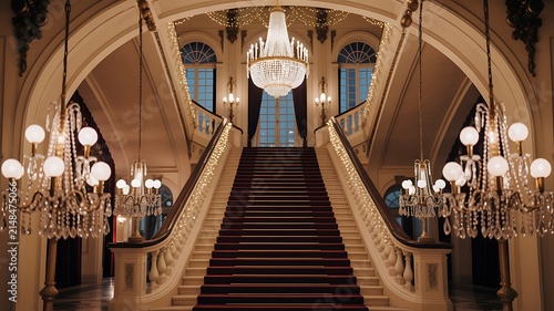 Grand staircase with golden railings and crystal chandeliers