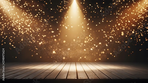 Empty wooden stage with bright spotlights and gold confetti