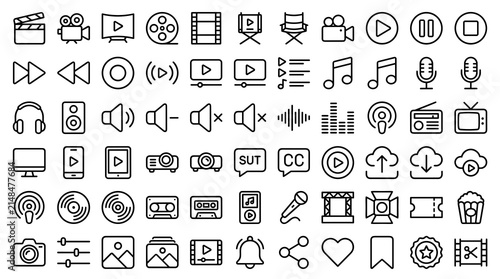 Media and Entertainment Line Icon Set with Clapperboard, Music, Speaker, Video Player, and Audio Editable Stroke Vector Collection