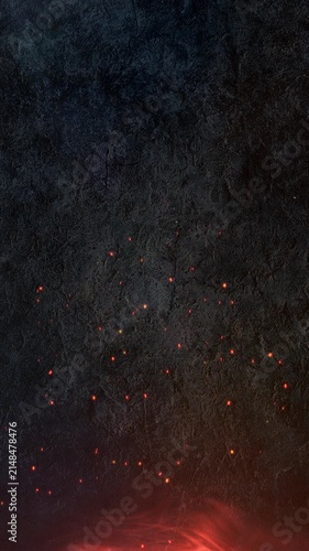 Vertical video of dark stone texture background with red fire flames and glowing embers particles rising from bottom