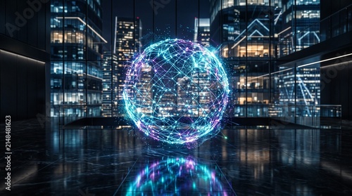 Abstract digital network sphere connected in modern city office glass reflection