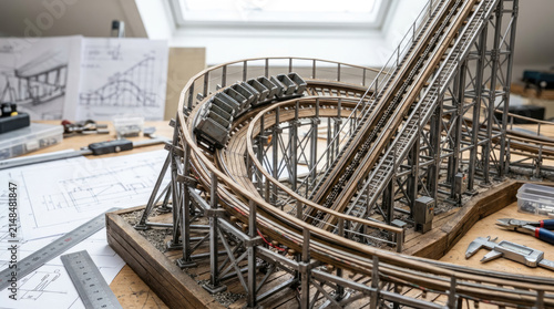 Scale model of a roller coaster on a workshop desk with blueprints, showcasing creative engineering prototype design