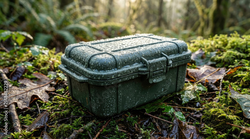 Waterproof green tactical hard case with raindrops resting on a mossy forest ground, outdoor survival gear concept