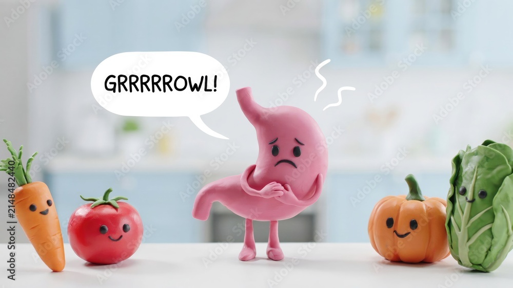 Fototapeta premium Claymation stomach character growling with sad expression surrounded by vegetables