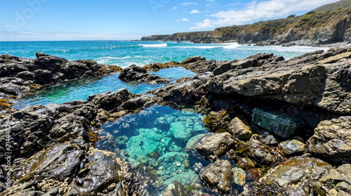 Clear turquoise tide pools on a rocky rugged coastline, outdoor adventure concept with waterproof equipment case