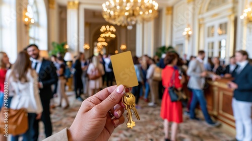 Hand holding keycard and keys in hotel lobby reception area