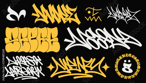 A collection of yellow and white graffiti tags and symbols .vector icon
