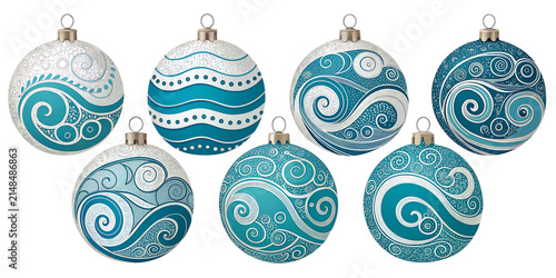 Nautical Blue Wave Christmas Baubles Set – Seven Ocean Swirl Patterned Holiday Ornaments