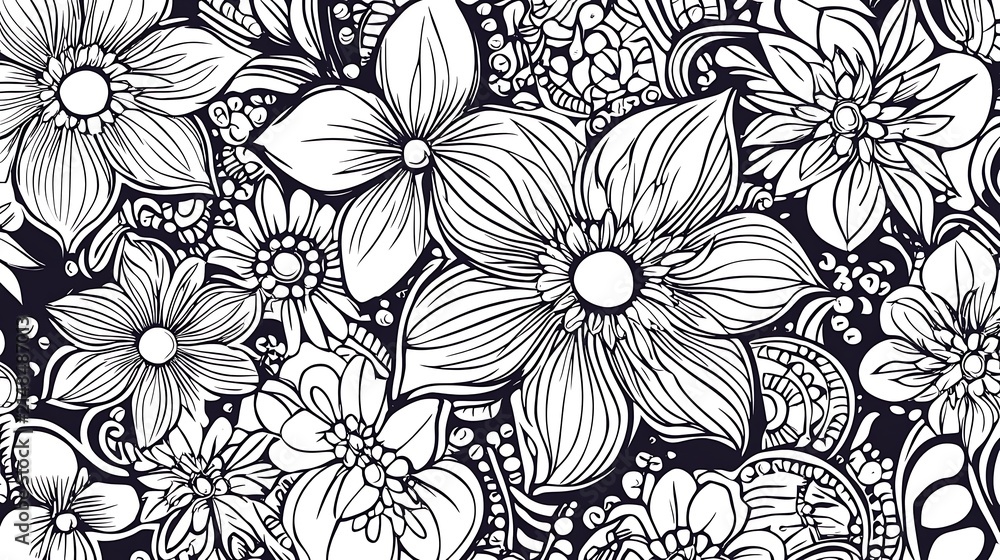 Fototapeta premium Intricate black and white floral pattern with daisies and leaves
