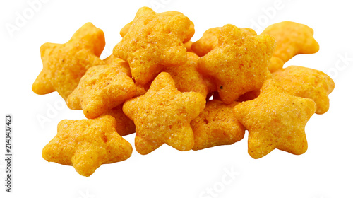 Pile of crunchy star-shaped cheese crackers, isolated on transparent background