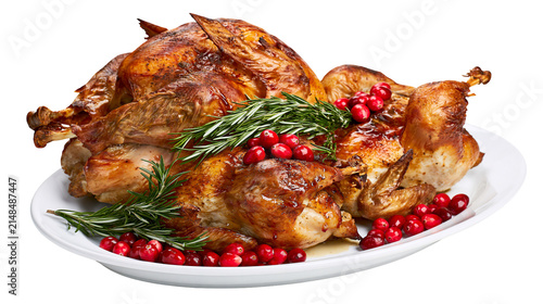 Golden roasted whole turkey with fresh rosemary and cranberries, isolated on transparent background