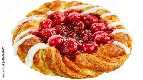 Принти на полотні Golden flaky pastry danish with red cherry filling and white icing, isolated on