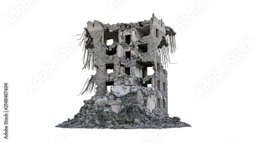 Crumbling concrete building ruins with exposed rebar, isolated on transparent background