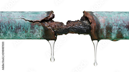 фотографія Corroded cracked copper pipe leaking water drops, isolated on transparent backgr