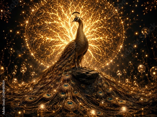 Golden Peacock's Luminescence: A majestic golden peacock stands regally atop a rock, its iridescent tail feathers fanning out amidst a magical ambiance of glowing lights and intricate patterns.