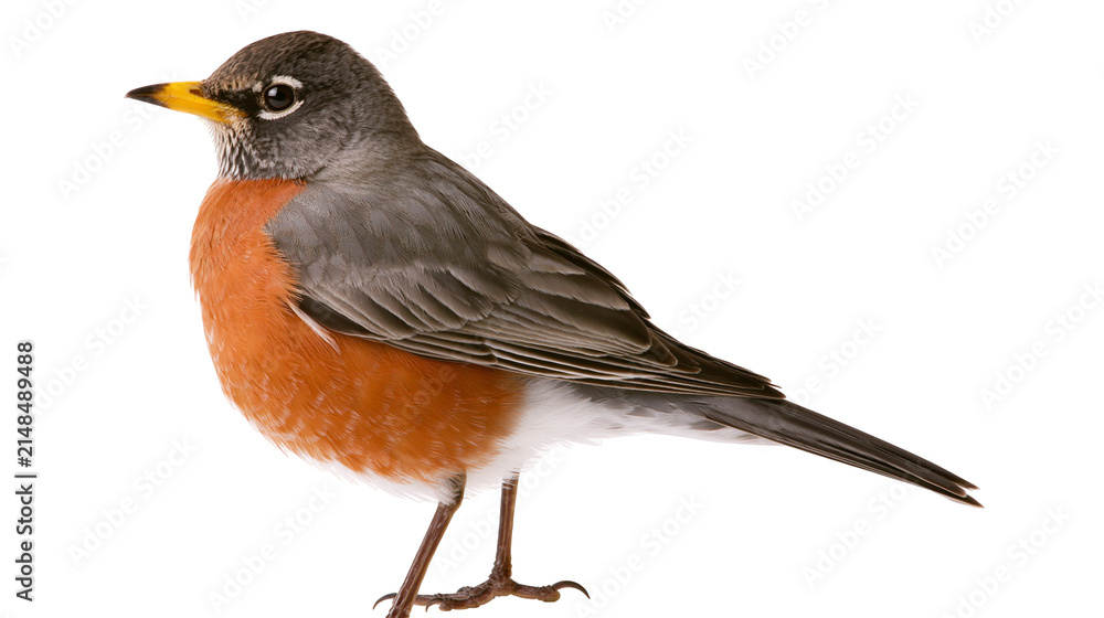 Fototapeta premium American Robin bird with orange breast and grey wings, isolated on transparent background