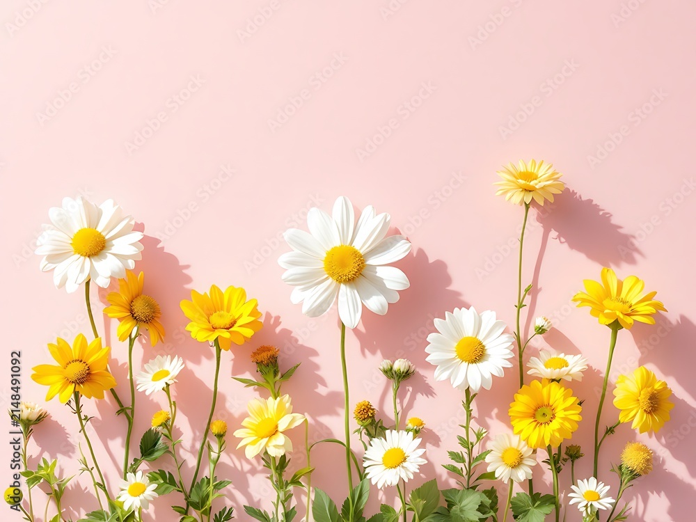 Fototapeta premium A vibrant assortment of fresh white and yellow daisies with green leaves scattered across a soft pink background in soft daylight casting delicate shadows