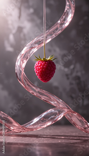 Single raspberry suspended on a thin glass ribbon, elegant and artistic background