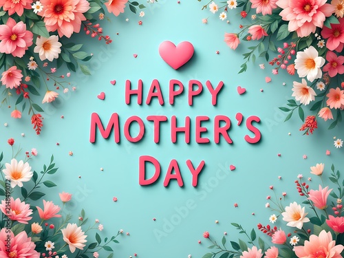 A beautiful and festive Happy Mothers Day greeting surrounded by an abundance of delicate pink and white flowers and lush green leaves