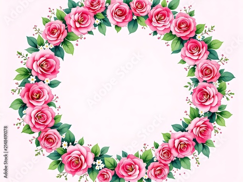 A circular arrangement of vibrant pink roses with lush green leaves and delicate white flowers forming a beautiful floral wreath for decorative purposes