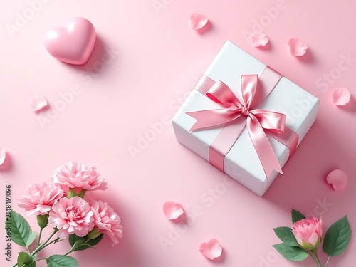 A romantic arrangement of pink flowers a white gift box with pink ribbon and a heart shape on a pink background with scattered petals