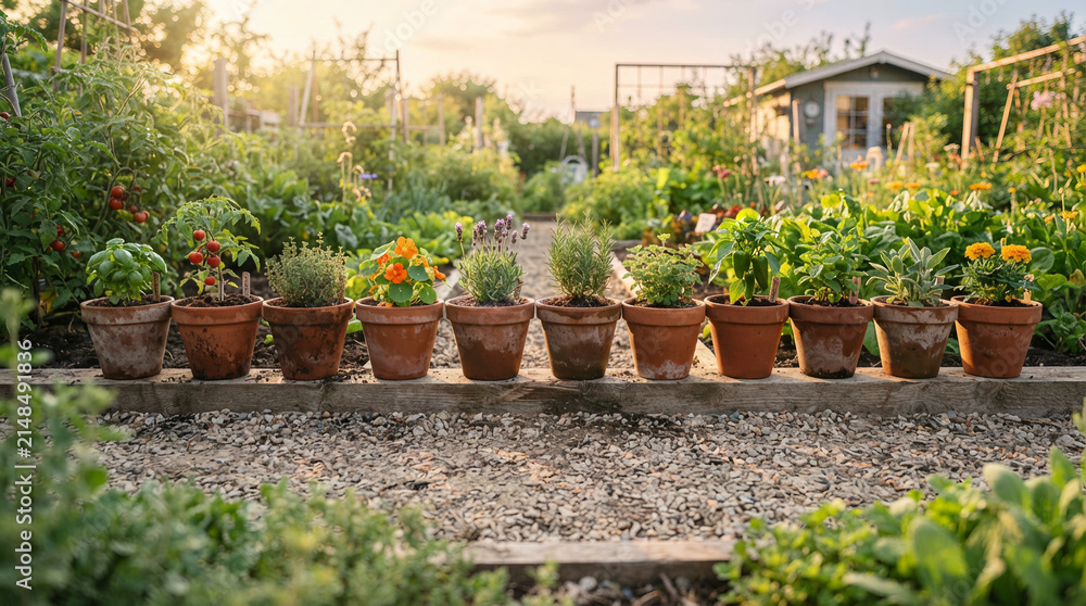 Fototapeta premium Row of terracotta pots of herbs and flowers on a ledge in a lush garden