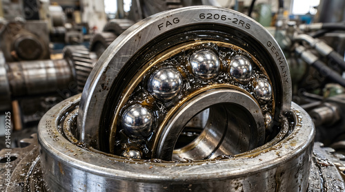 Greased Industrial Ball Bearing Close-Up in Mechanical Workshop