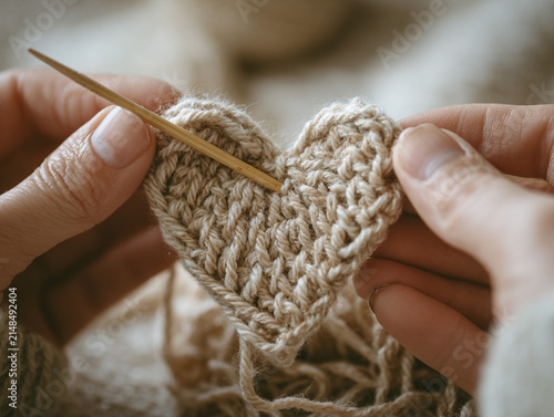 Illustration of two hands knitting a heart out of yarn (the work is nearly complete); the texture of the knitting and the detail of the stitches are visible; realistic proportions of the hands and 