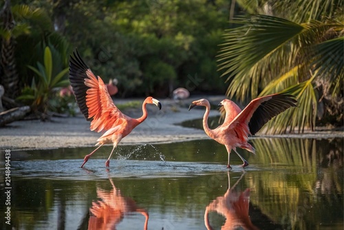 Two vibrant roseate spoonbills displaying their wings while standing in a shallow pond with lush tropical foliage