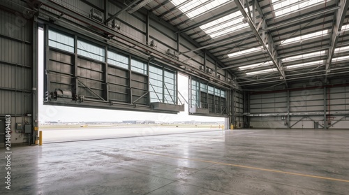 empty aircraft hangar interior with large opening automatic bi-fold doors