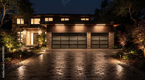 modern luxury house exterior with illuminated garage doors and paved driveway at night