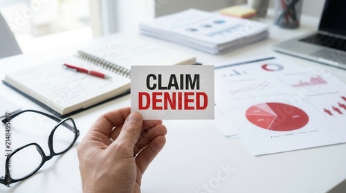 Healthcare coverage denial and rejected financial insurance claim with office documents