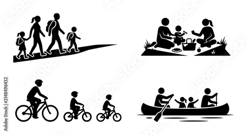 Family Outdoor Activities Icons: Walking, Picnic, Cycling, Canoeing, Lifestyle Vector Set