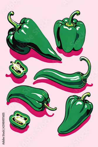 
A  illustration of various green bell peppers and jalapeños in different orientations and states, including whole, sliced, and cross-sectioned, set against a light pink background