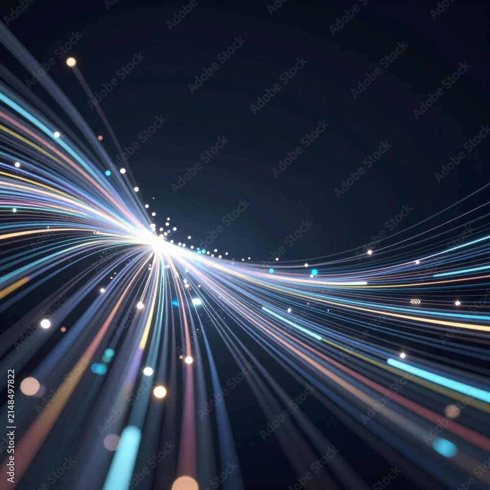 Fototapeta premium abstract digital art piece appears long exposure shot starry night sky background black focal point bright light radiates center creating tunnel like effect light rays different colors including blue