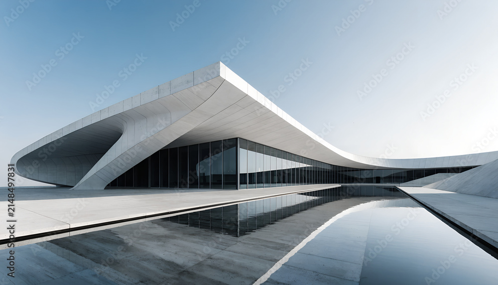 Naklejka premium Minimalist architecture featuring a sleek cantilever roof and a serene reflection pool under a bright sky