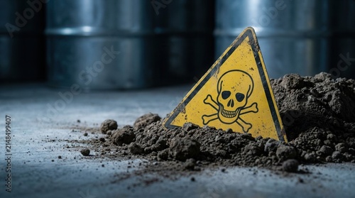 Contaminated soil with a toxic substance warning sign and skull and crossbones symbol indicating danger.