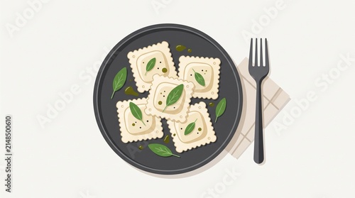 Minimal Flat Illustration of Vegan Ravioli with Sage on Dark Plate Top View Italian Plant Based Pasta Food Menu Design