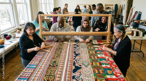 Diverse Group of People Learning Traditional Weaving in a Workshop
