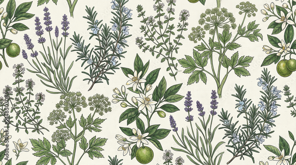 Fototapeta premium English botanical garden seamless pattern with herbs and plants, vintage illustration.