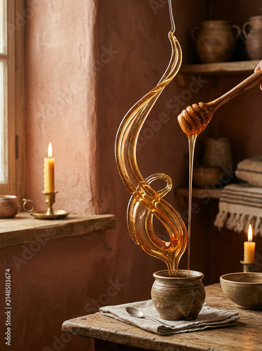 Golden honey swirling in mid-air pouring into ceramic pot by candlelight