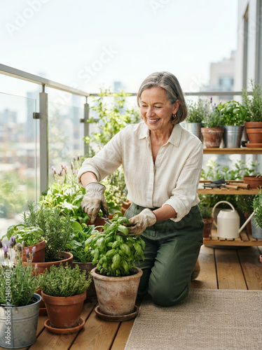 Woman in gardening gloves trimming herbs on a city apartment balcony