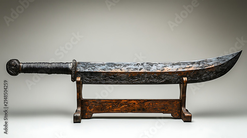 A well-preserved Chinese jian (double-edged straight sword), its balanced form sharply in focus against a bright white background under professional studio lighting 