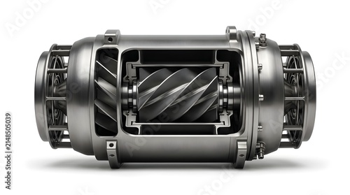 High-detail cutaway view of an industrial turbine or compressor unit showing internal helical rotor blades and metal housing, isolated on white background. Power and mechanical engineering concept.

