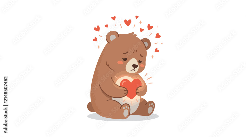 Fototapeta premium Sad Bear Holding Heart with Floating Hearts, Isolated
