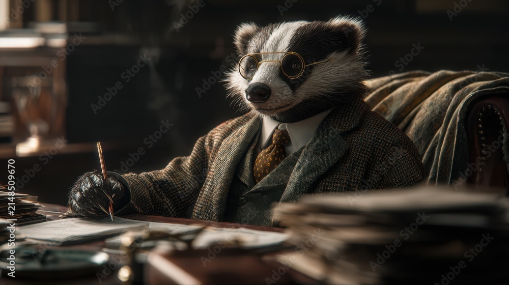 Naklejka premium Distinguished Badger Principal Working in His Wooden Office