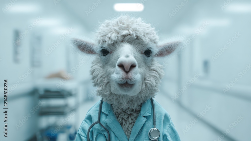 Naklejka premium Gentle Llama Nurse Standing in a Bright Hospital Corridor